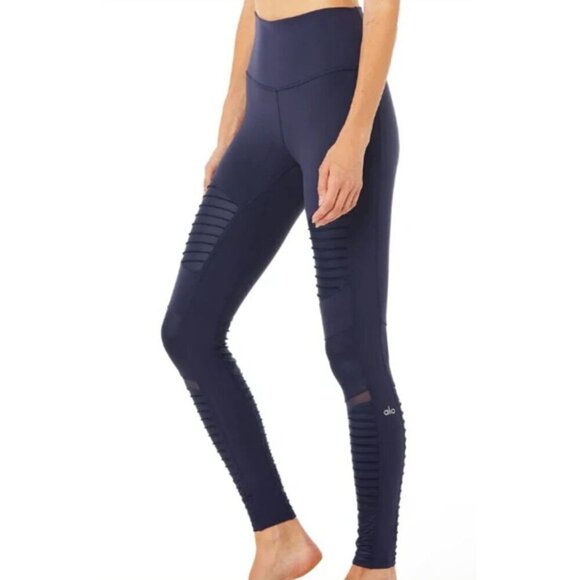 Alo Size XS Leggings Moto Mesh High Waist Navy Blue  Long Yoga Barre Workout - Picture 2 of 10